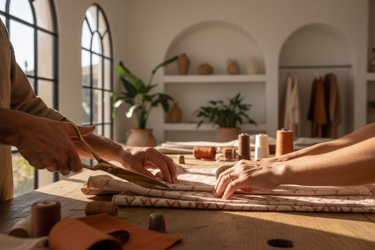 Mains d’un artisan marocain en train de travailler une matière (couper un tissu, ajuster une couture, préparer un patron), lumière naturelle chaude, arrière-plan flou d’un atelier contemporain, ambiance calme et authentique, focus sur le geste et la texture, couleurs terre et neutres, style documentaire premium, atmosphère créative et intemporelle.