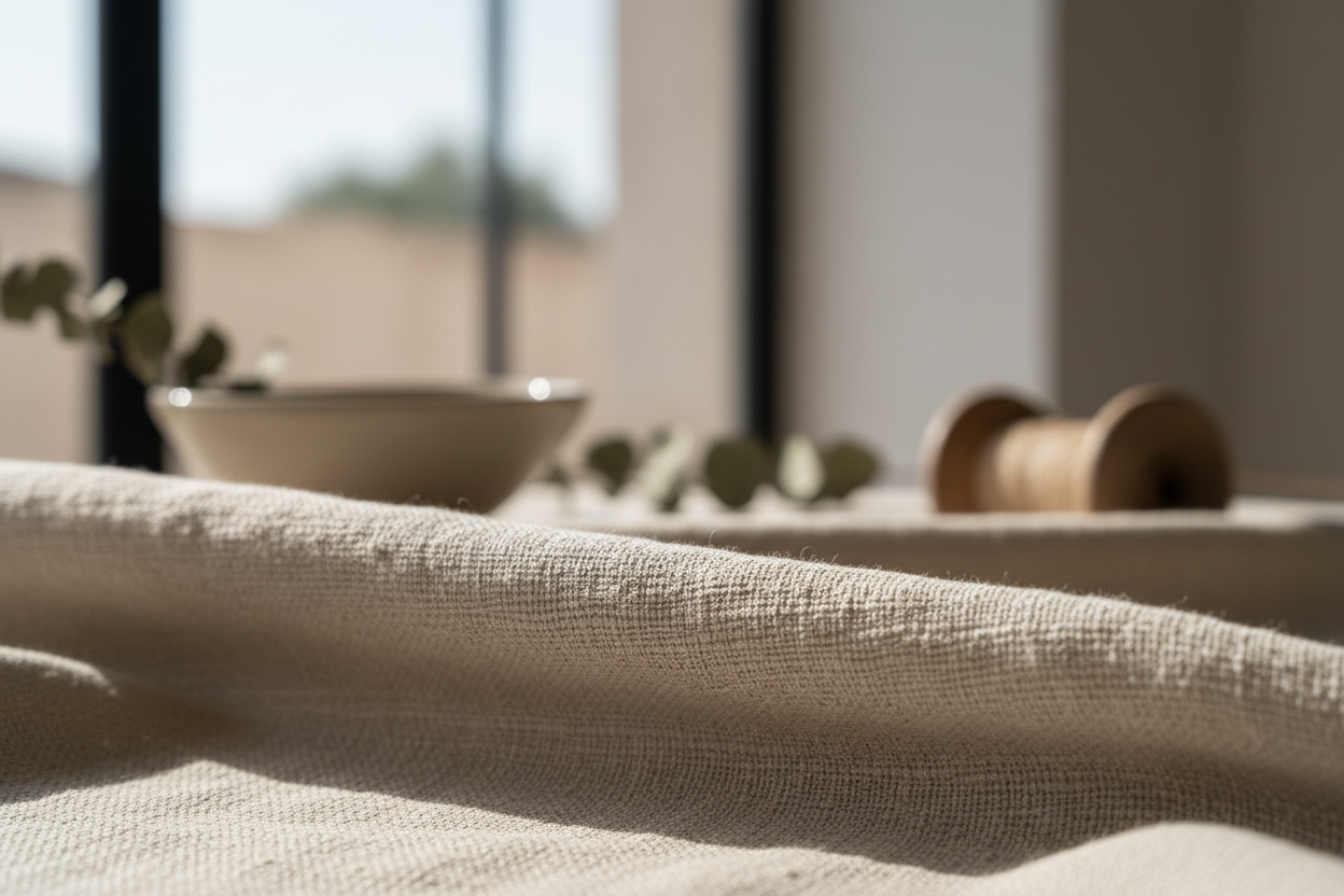 Gros plan artistique d’un tissu naturel haut de gamme (lin ou coton brut), lumière douce et diffuse, texture mise en valeur, plis subtils, palette neutre (sable, écru, beige), ambiance atelier marocain moderne, esthétique premium à la Aesop, profondeur de champ courte, photo minimaliste et poétique