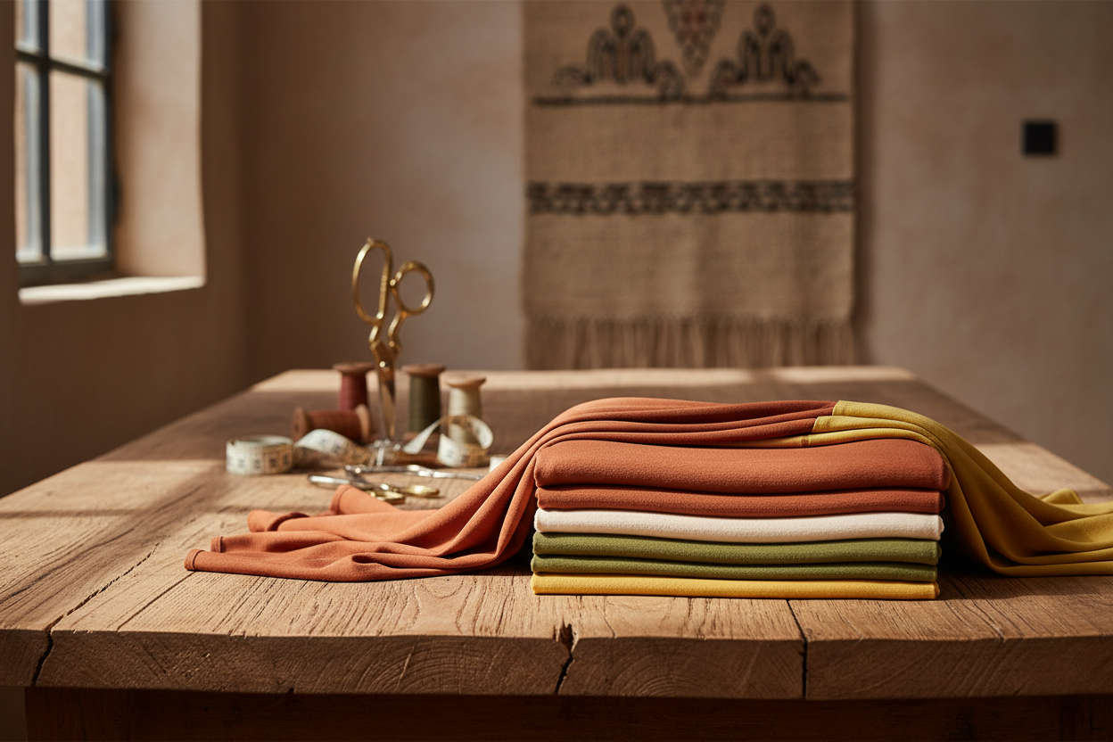 Hero image of a modern Moroccan artisan workspace. Premium jersey fabrics folded on a wooden table, subtle sewing tools blurred in background (scissors, thread, tape measure). Soft daylight entering the room. Warm, authentic, poetic atelier mood that represents craftsmanship and creativity. No text.