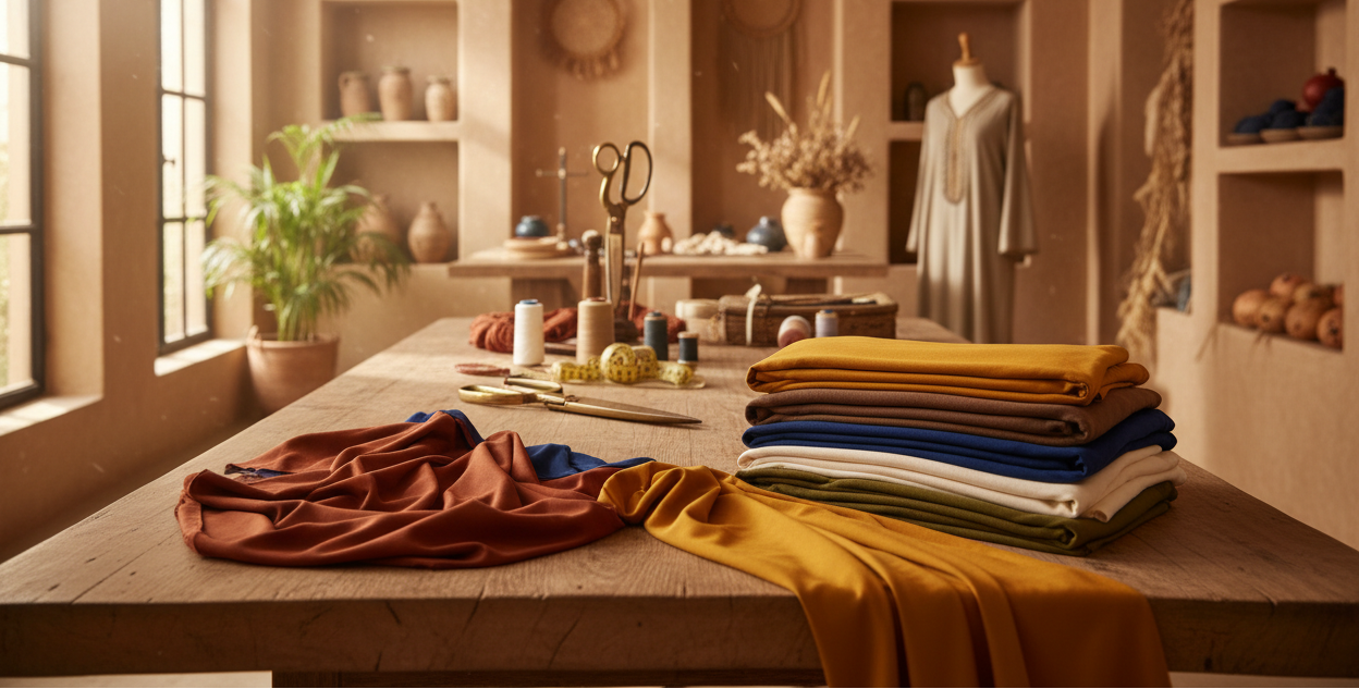 Hero image of a modern Moroccan artisan workspace. Premium jersey fabrics folded on a wooden table, subtle sewing tools blurred in background (scissors, thread, tape measure). Soft daylight entering the room. Warm, authentic, poetic atelier mood that represents craftsmanship and creativity. No text.