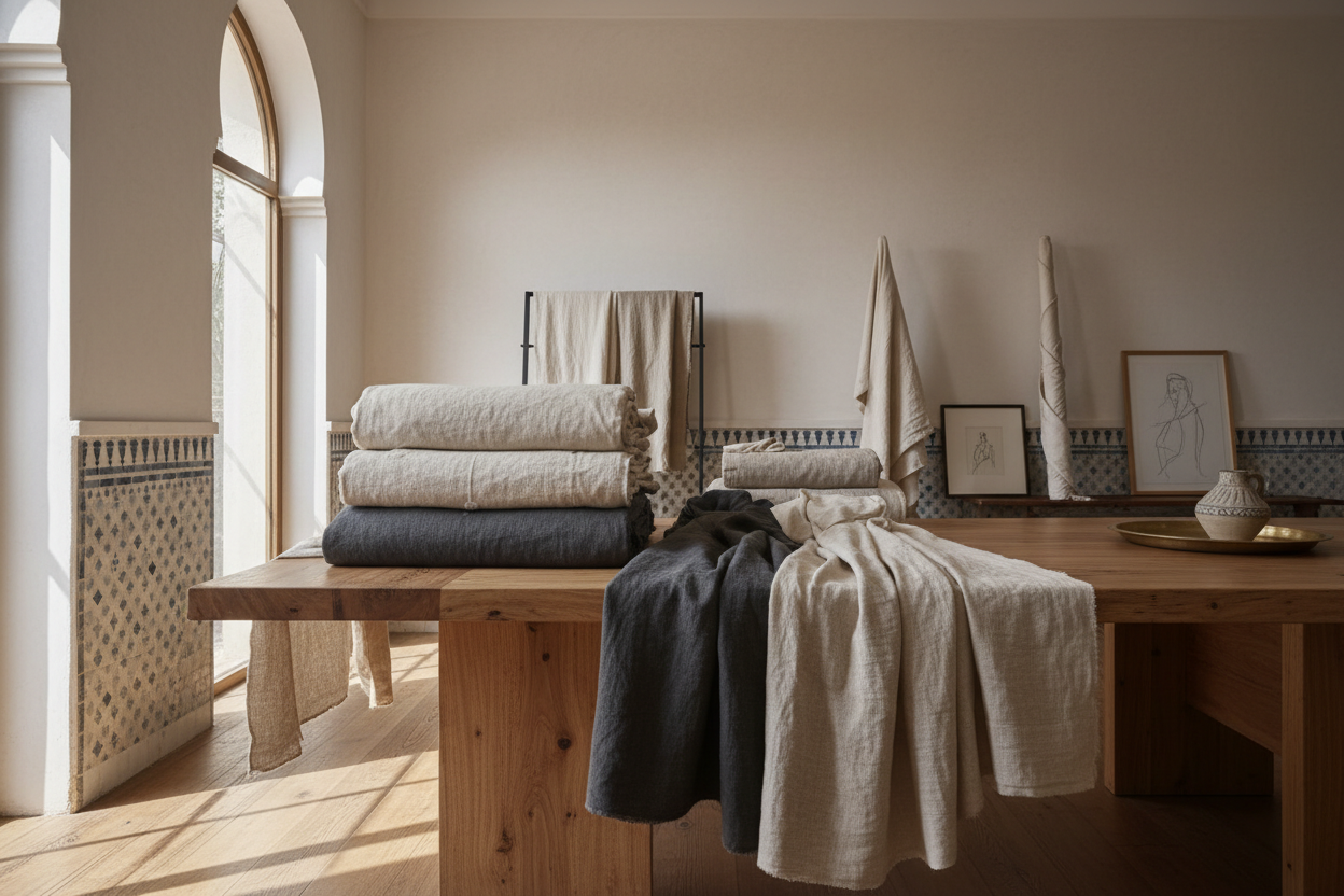 Image large et immersive d’un atelier créatif marocain moderne : table en bois brut, rouleaux de tissus premium (lin, coton, laine) dans des tons neutres (écru, sable, gris charbon), lumière naturelle douce entrant par une fenêtre, ambiance calme et poétique, mood Aesop / Studio artisanal contemporain, composition minimaliste, accent sur la texture et la matière, touche culturelle marocaine subtile mais élégante, atmosphère premium et inspirante, idéale pour une section Hero.